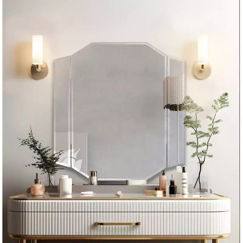 Miroir de courtoisie biseauté bi-pliable : Rectangulaire moderne, montage mural, cadre en MDF, 32x30"