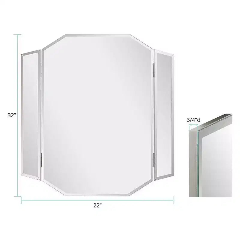 Miroir de courtoisie biseauté bi-pliable : Rectangulaire moderne, montage mural, cadre en MDF, 32x30"