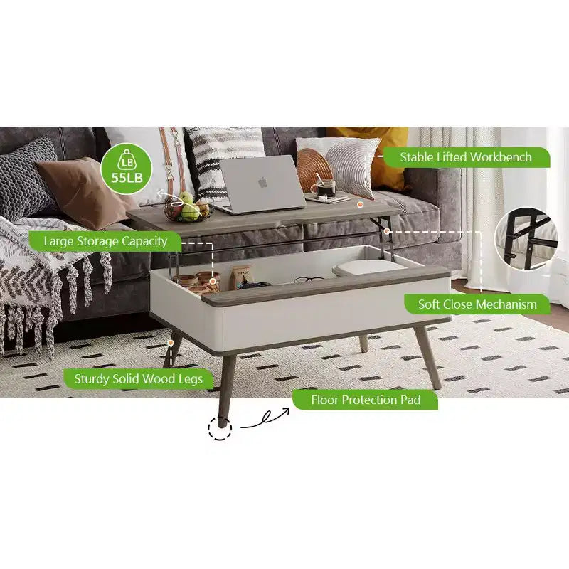 Table basse relevable en bois de 101,6 cm avec rangement caché -