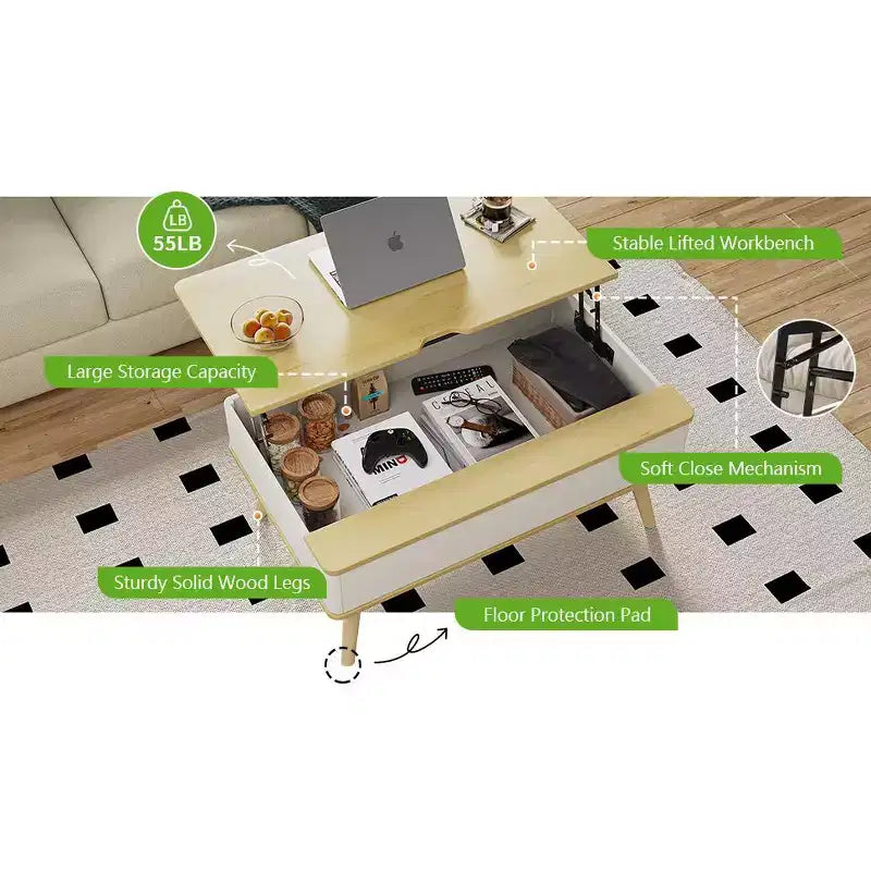Table basse relevable en bois de 101,6 cm avec rangement caché -