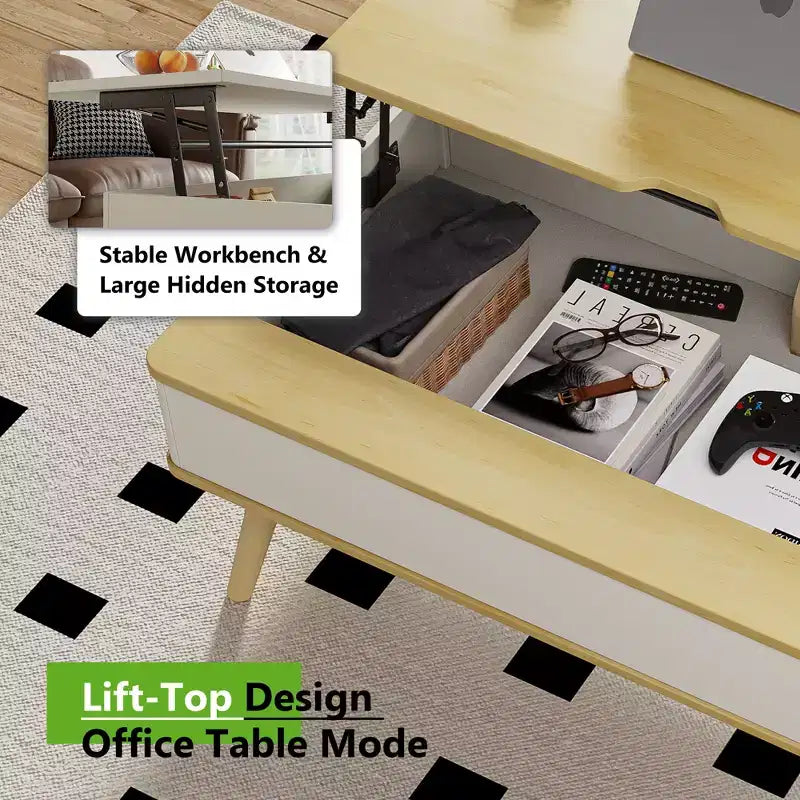 Table basse relevable en bois de 101,6 cm avec rangement caché -