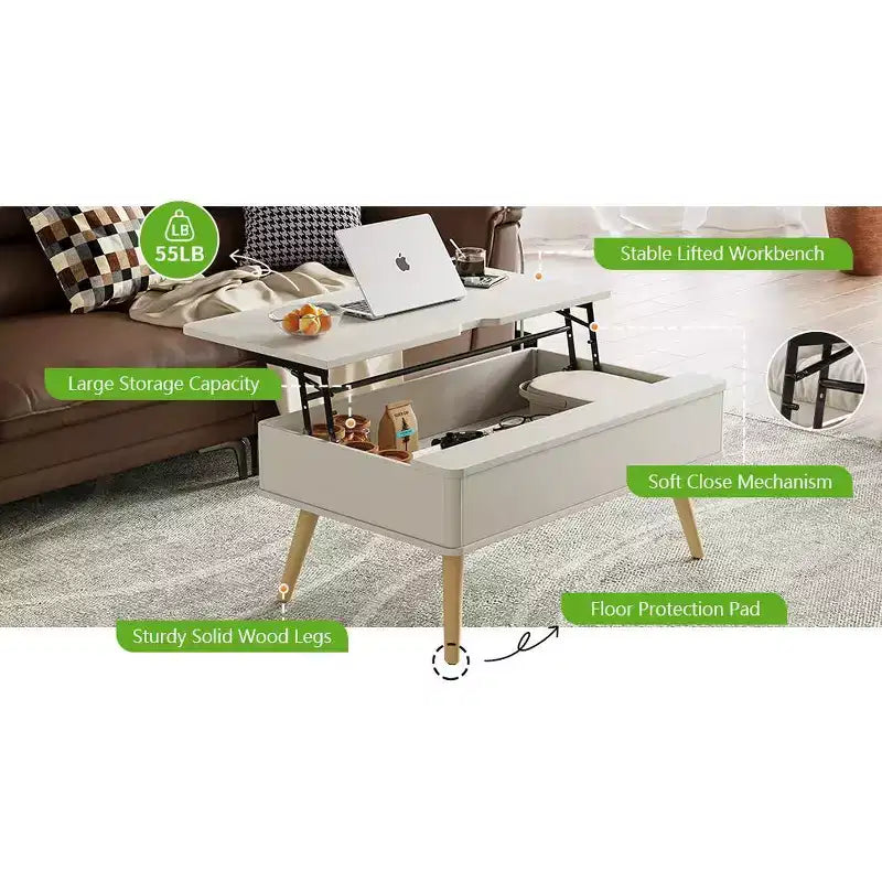 Table basse relevable en bois de 101,6 cm avec rangement caché -