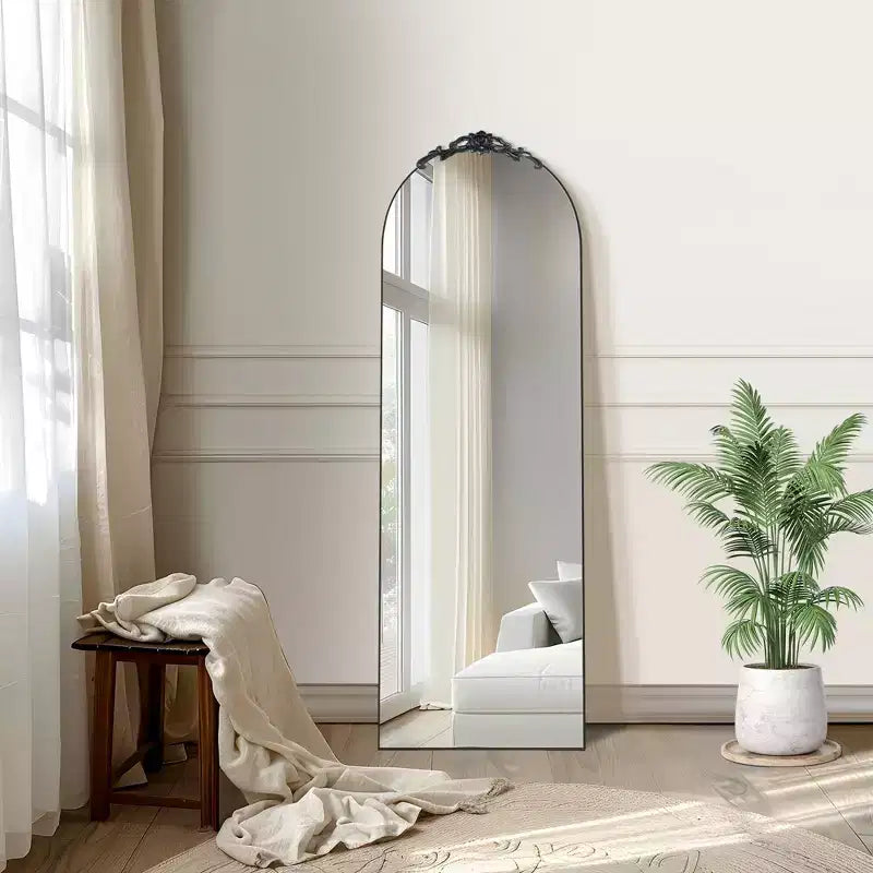 31 in. W x 71 in. H Wood Frame Arched Floor Mirror Bedroom Living Room Wall Mirror in Black