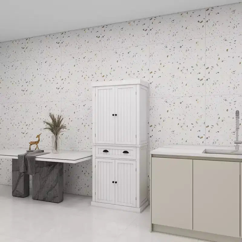 White Wood 29.92 in. Pantry Cabinet with Doors and DrawersAdjustable Shelves
