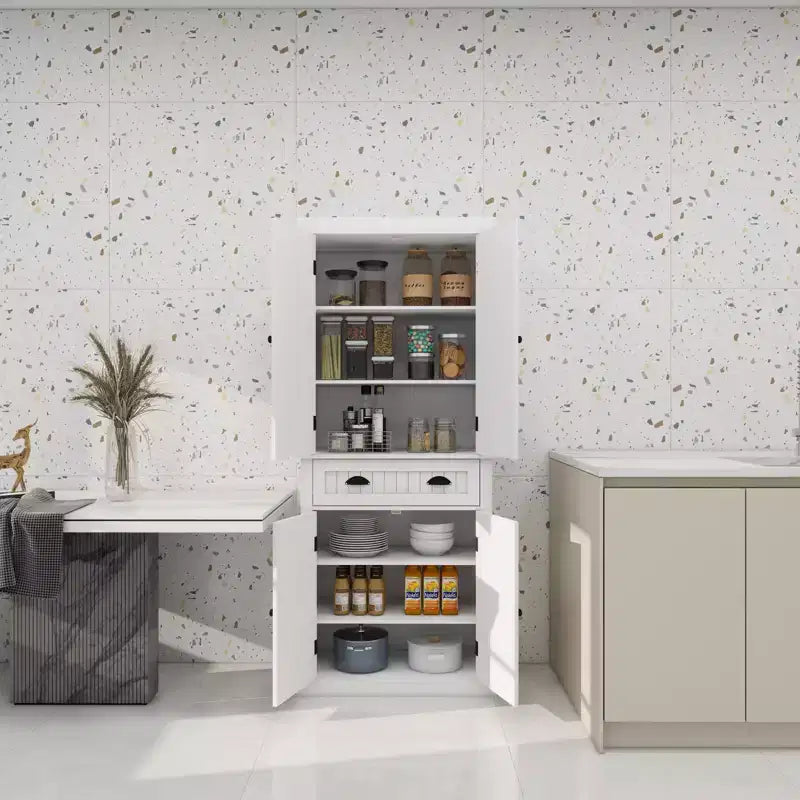 White Wood 29.92 in. Pantry Cabinet with Doors and DrawersAdjustable Shelves