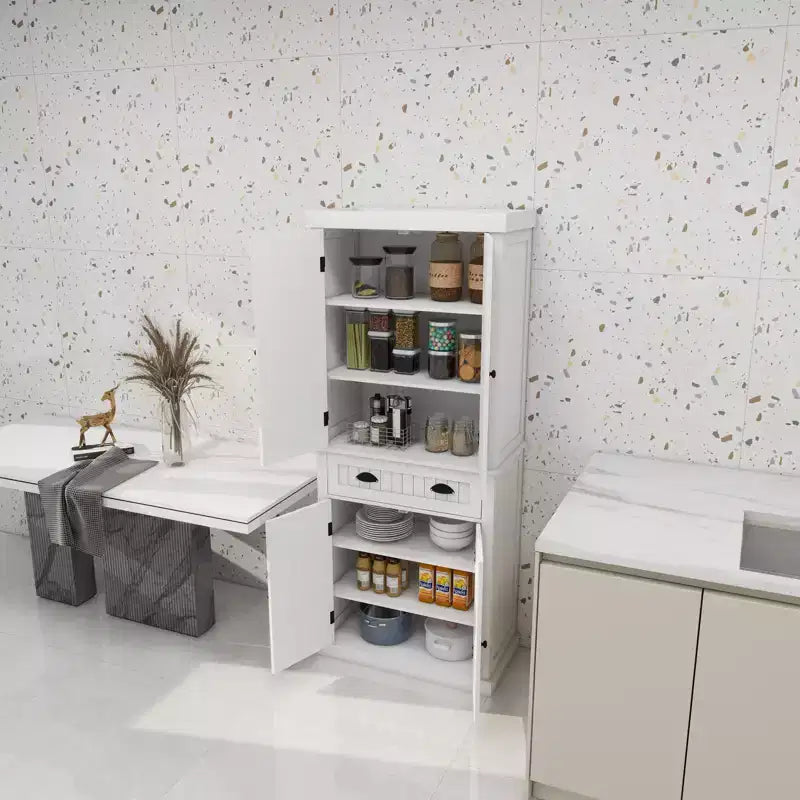 White Wood 29.92 in. Pantry Cabinet with Doors and DrawersAdjustable Shelves