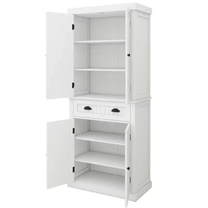 Placard de cuisine en bois blanc de 76 cm de large avec portes, tiroirs et étagères réglables