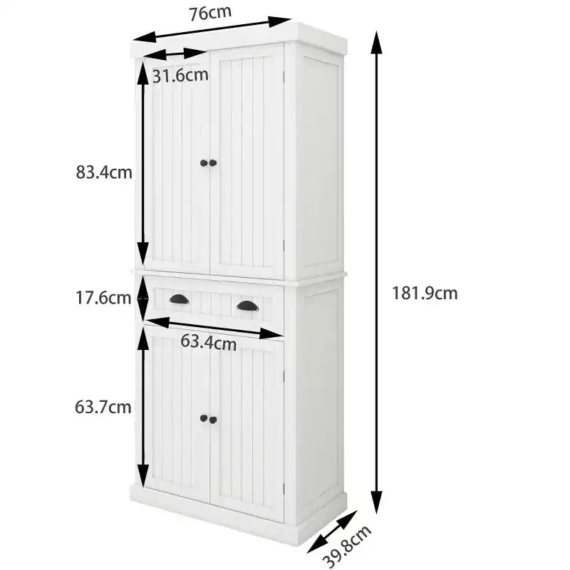 Placard de cuisine en bois blanc de 76 cm de large avec portes, tiroirs et étagères réglables