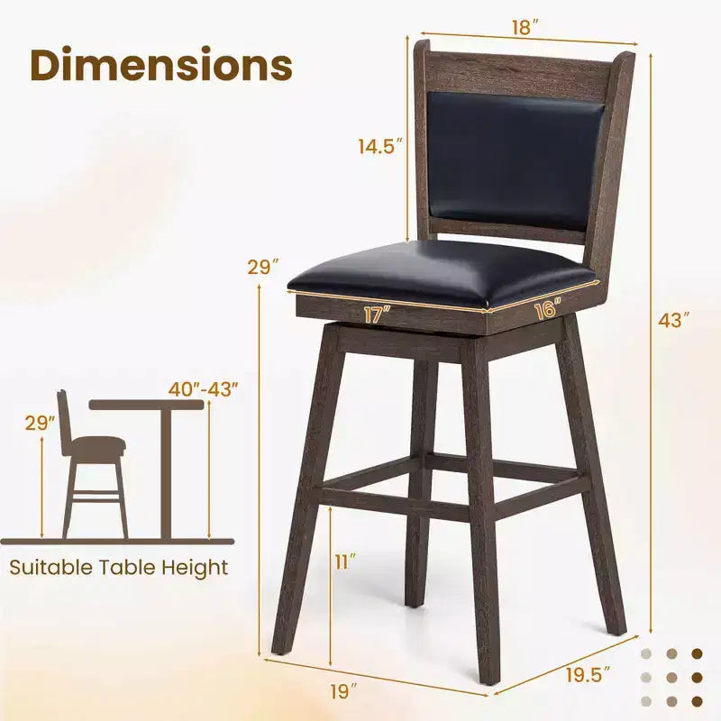 29 Swivel Bar Stools Set of 2 with Back Rubber Wood Legs Sturdy Footrest