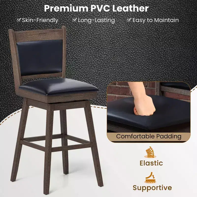 29 Swivel Bar Stools Set of 2 with Back Rubber Wood Legs Sturdy Footrest