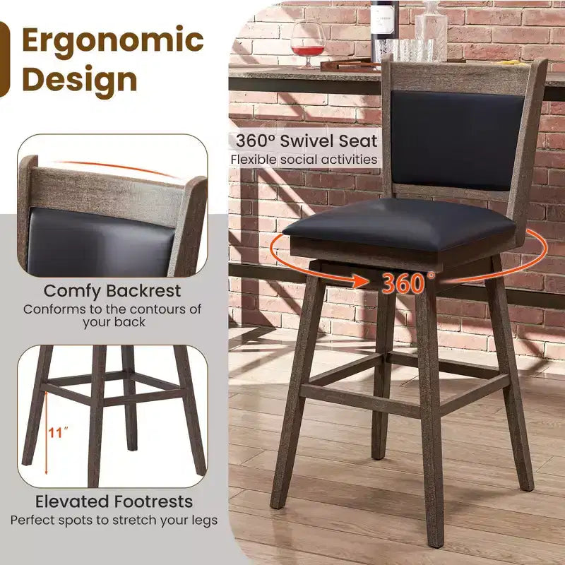 29 Swivel Bar Stools Set of 2 with Back Rubber Wood Legs Sturdy Footrest