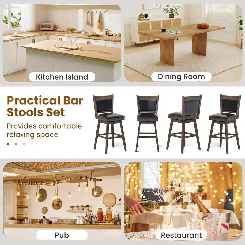 29 Swivel Bar Stools Set of 2 with Back Rubber Wood Legs Sturdy Footrest