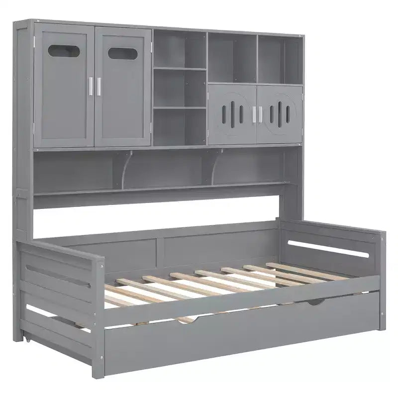Twin/Full Size Daybed with Twin Size Trundle and All-in-One Cabinet and Shelf-