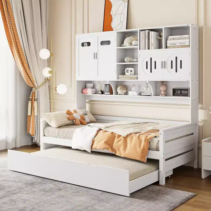 Twin/Full Size Daybed with Twin Size Trundle and All-in-One Cabinet and Shelf-