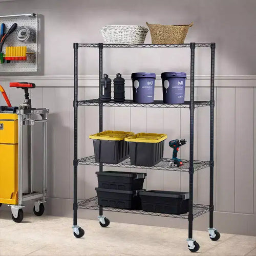 Étagère de rangement en acier à 4 niveaux avec tablettes larges, parfaite pour la maison, le bureau ou l'usage commercial