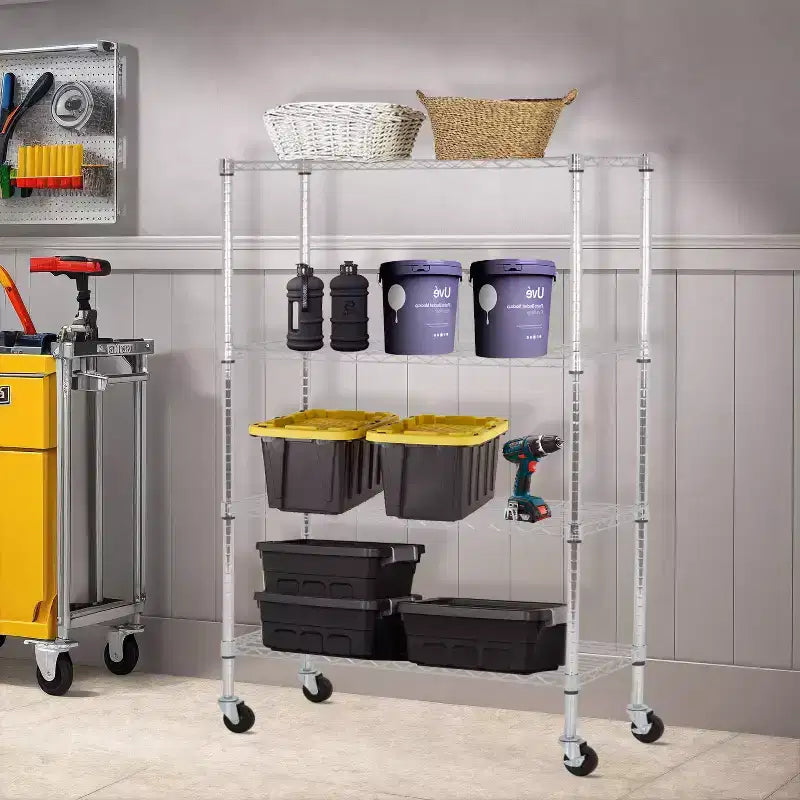 Étagère de rangement en acier à 4 niveaux avec tablettes larges, parfaite pour la maison, le bureau ou l'usage commercial