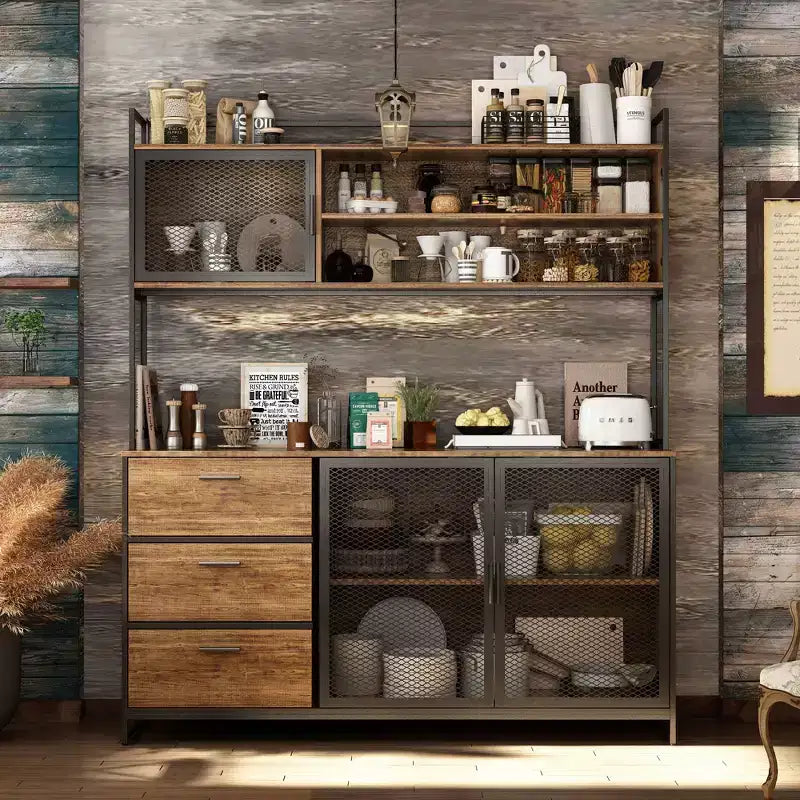Meuble bas de cuisine en bois avec portes métalliques, 3 tiroirs et plan de travail