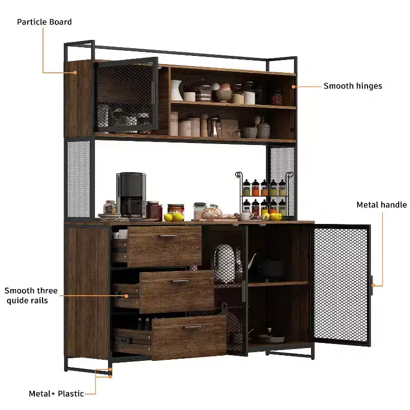 Meuble bas de cuisine en bois avec portes métalliques, 3 tiroirs et plan de travail