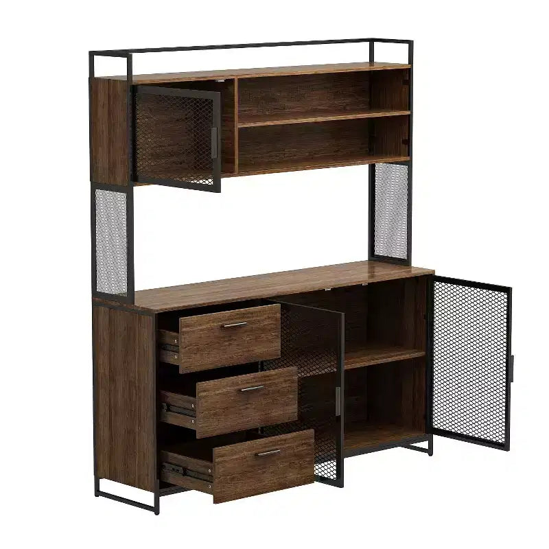 Meuble bas de cuisine en bois avec portes métalliques, 3 tiroirs et plan de travail