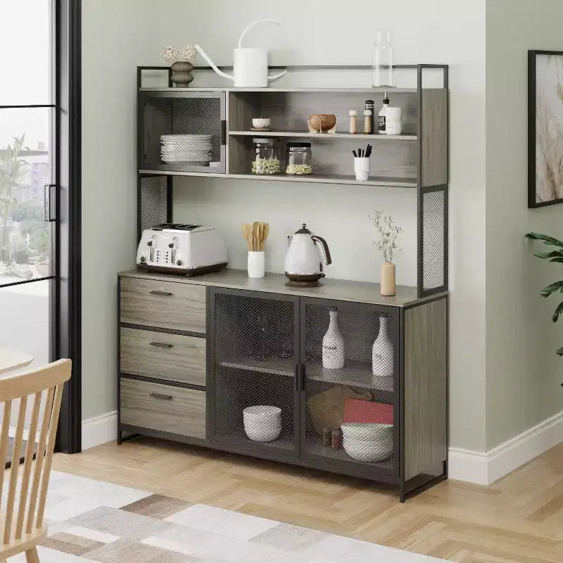 Meuble bas de cuisine en bois avec portes métalliques, 3 tiroirs et plan de travail