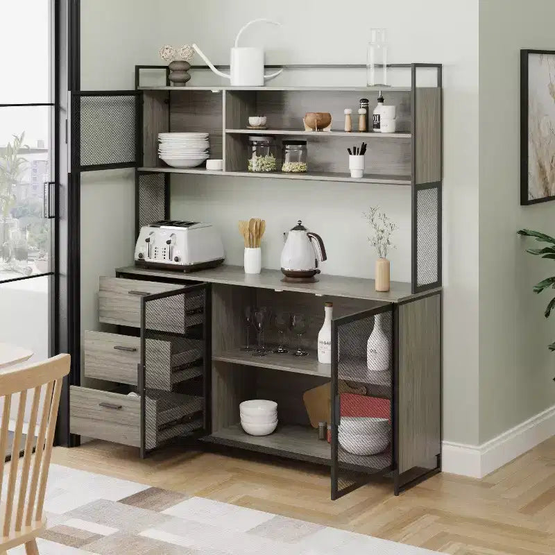 Meuble bas de cuisine en bois avec portes métalliques, 3 tiroirs et plan de travail