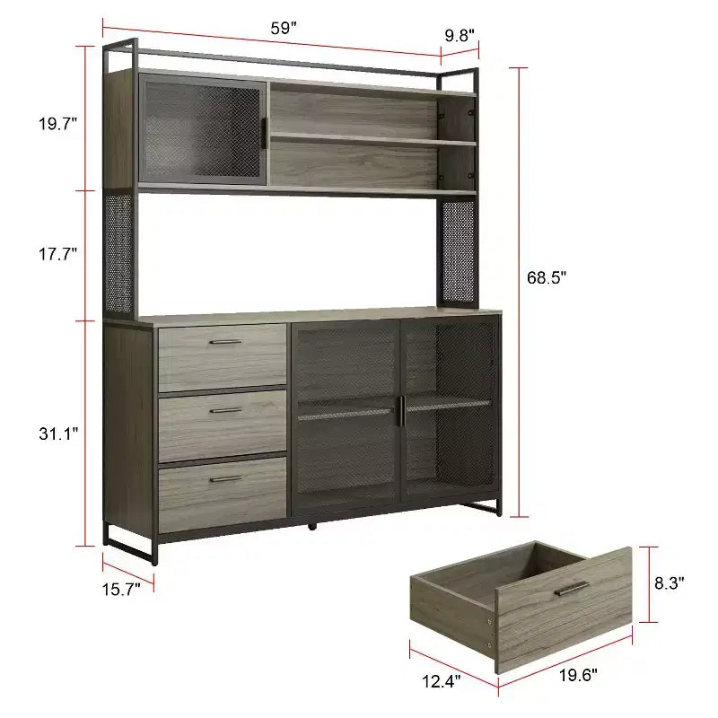Meuble bas de cuisine en bois avec portes métalliques, 3 tiroirs et plan de travail