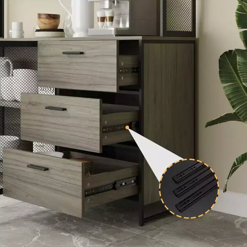 Meuble bas de cuisine en bois avec portes métalliques, 3 tiroirs et plan de travail
