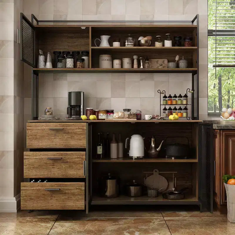 Meuble bas de cuisine en bois avec portes métalliques, 3 tiroirs et plan de travail