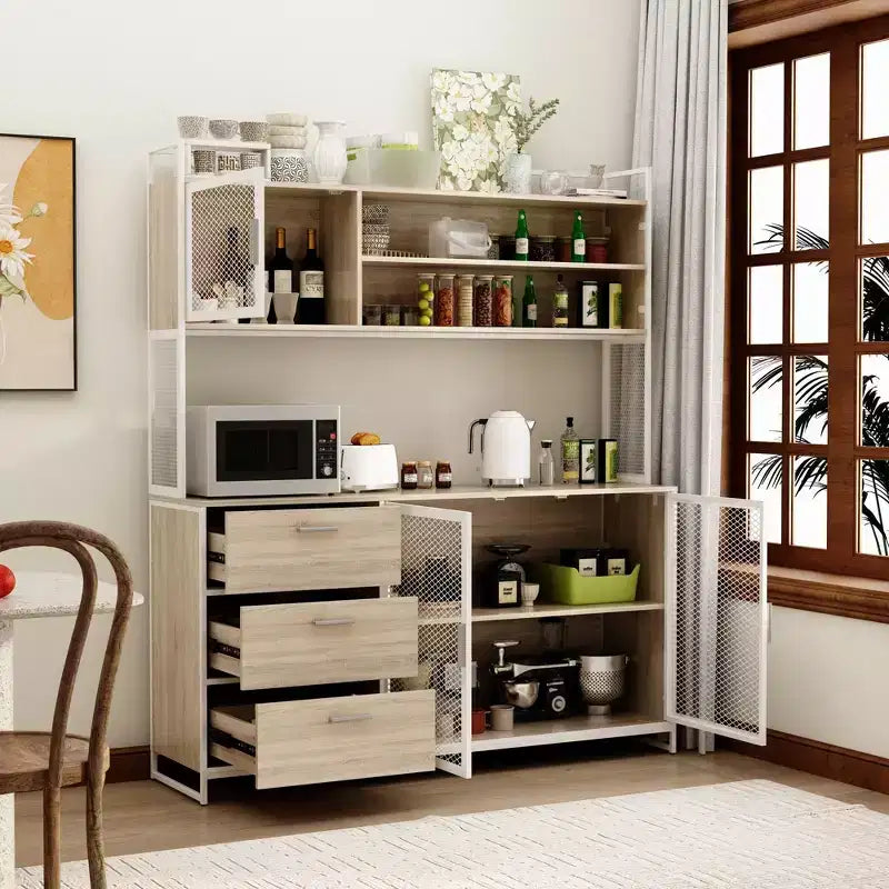 Meuble bas de cuisine en bois avec portes métalliques, 3 tiroirs et plan de travail