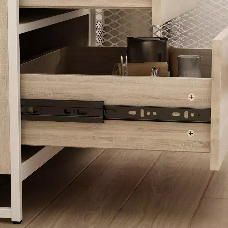 Meuble bas de cuisine en bois avec portes métalliques, 3 tiroirs et plan de travail