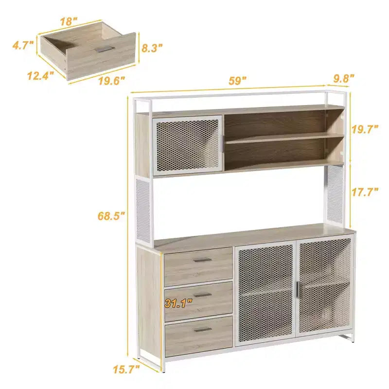Meuble bas de cuisine en bois avec portes métalliques, 3 tiroirs et plan de travail