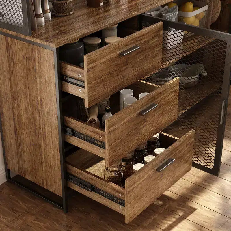 Meuble bas de cuisine en bois avec portes métalliques, 3 tiroirs et plan de travail