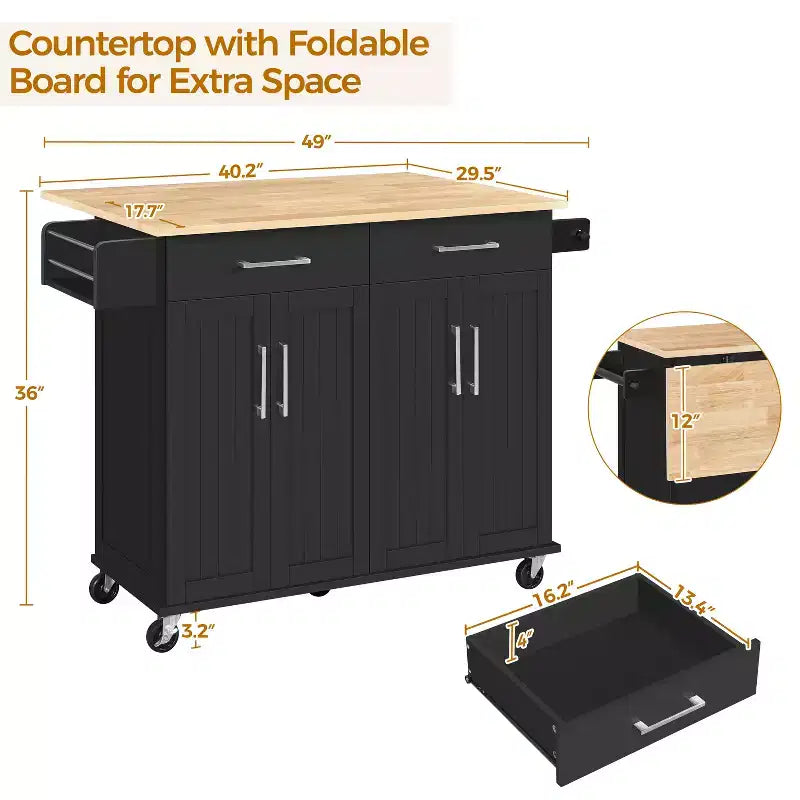 Chariot de cuisine portable avec placards et porte-serviettes amovible