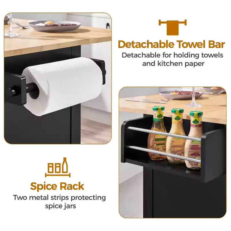 Portable kitchen Storage Cart with Cabinets and Detachable Towel Bar