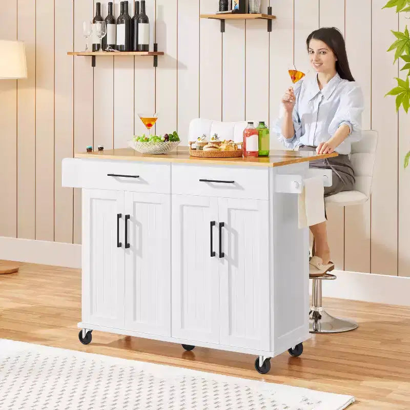 Chariot de cuisine portable avec placards et porte-serviettes amovible