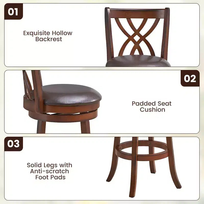 Lot de 2 tabourets de bar pivotants chaises de salle à manger hauteur bar avec pieds en bois d'hévéa