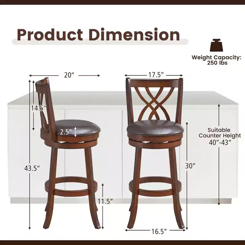 Set of 2 Swivel Bar Stools Bar Height Dining Pub Chairs with Rubber Wood Legs
