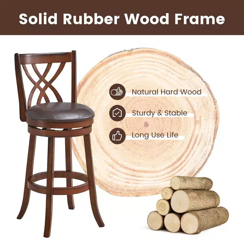 Lot de 2 tabourets de bar pivotants chaises de salle à manger hauteur bar avec pieds en bois d'hévéa