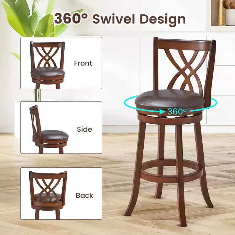 Lot de 2 tabourets de bar pivotants chaises de salle à manger hauteur bar avec pieds en bois d'hévéa