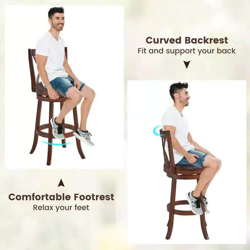 Lot de 2 tabourets de bar pivotants chaises de salle à manger hauteur bar avec pieds en bois d'hévéa