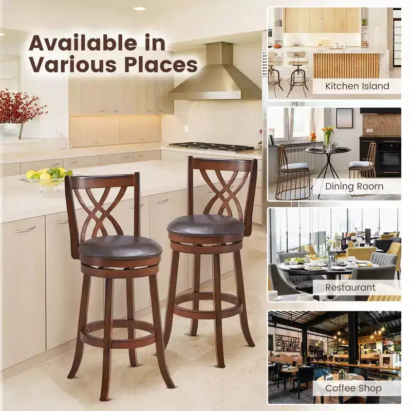 Lot de 2 tabourets de bar pivotants chaises de salle à manger hauteur bar avec pieds en bois d'hévéa