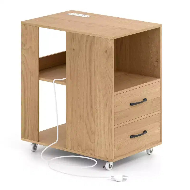 Table d'appoint avec station de recharge intégrée (ports USB et prises), 2 tiroirs et 3 étagères, naturelle