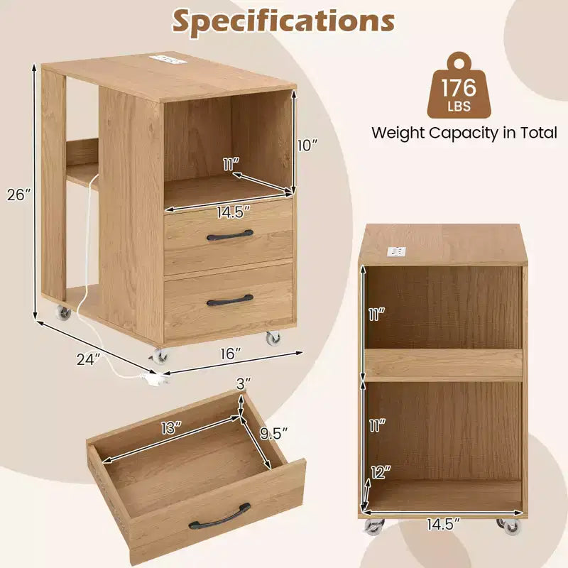Table d'appoint avec station de recharge intégrée (ports USB et prises), 2 tiroirs et 3 étagères, naturelle