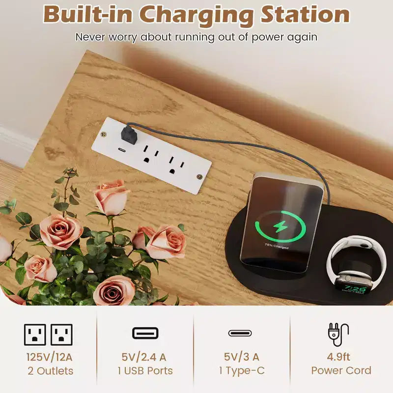 Table d'appoint avec station de recharge intégrée (ports USB et prises), 2 tiroirs et 3 étagères, naturelle