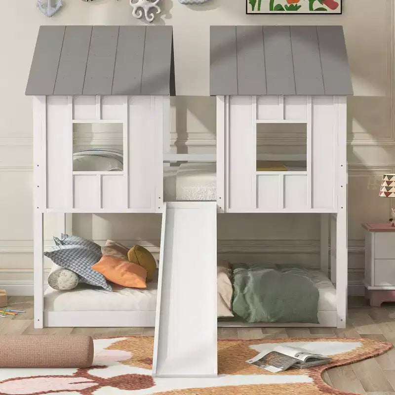 Twin Over Twin Playhouse Bunk Bed with Slide, Floor House Bunk Beds with Windows and Roof for Boys and Girls, White