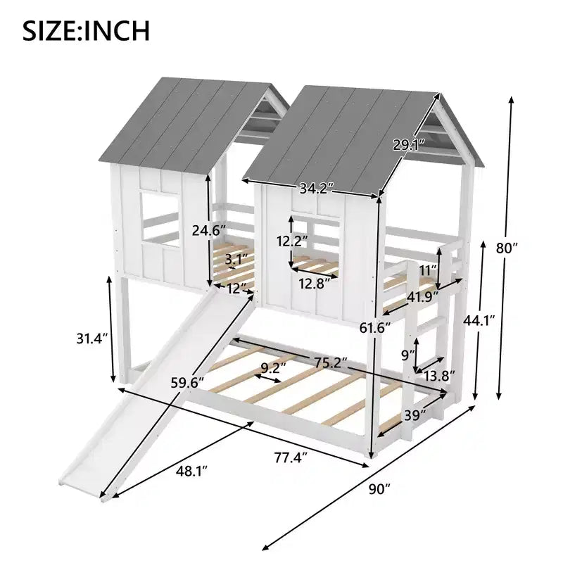 Twin Over Twin Playhouse Bunk Bed with Slide, Floor House Bunk Beds with Windows and Roof for Boys and Girls, White