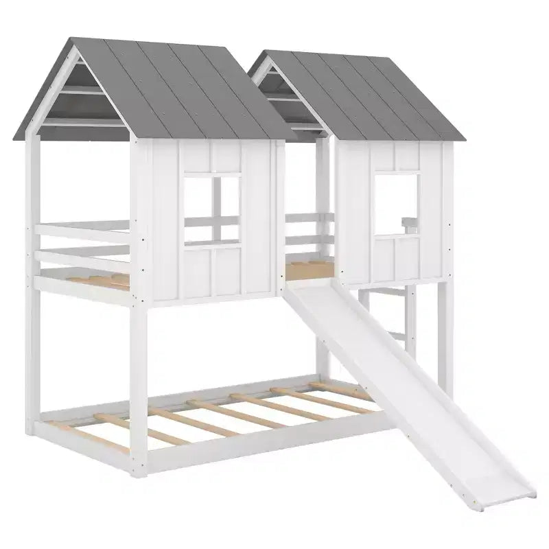 Twin Over Twin Playhouse Bunk Bed with Slide, Floor House Bunk Beds with Windows and Roof for Boys and Girls, White