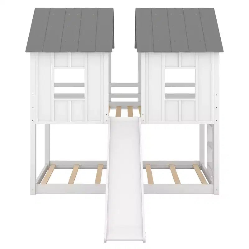 Twin Over Twin Playhouse Bunk Bed with Slide, Floor House Bunk Beds with Windows and Roof for Boys and Girls, White