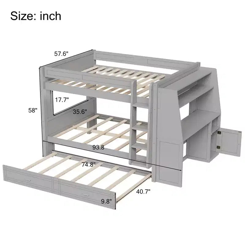 Full Size Bunk Bed with Desk and Storage, Space-Saving Wooden Bunk Bed with Bookshelves & Trundle