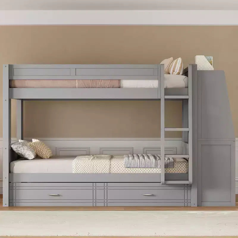 Full Size Bunk Bed with Desk and Storage, Space-Saving Wooden Bunk Bed with Bookshelves & Trundle